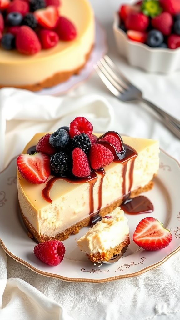 Slices of creamy air fryer cheesecake topped with fresh berries and chocolate sauce on a decorative plate.
